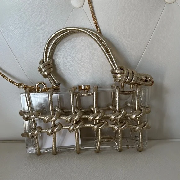 Gold Braided, Gold chain, Two Way Box Clutch & Shoulder Bag, Transparent bag. Mini Bags
